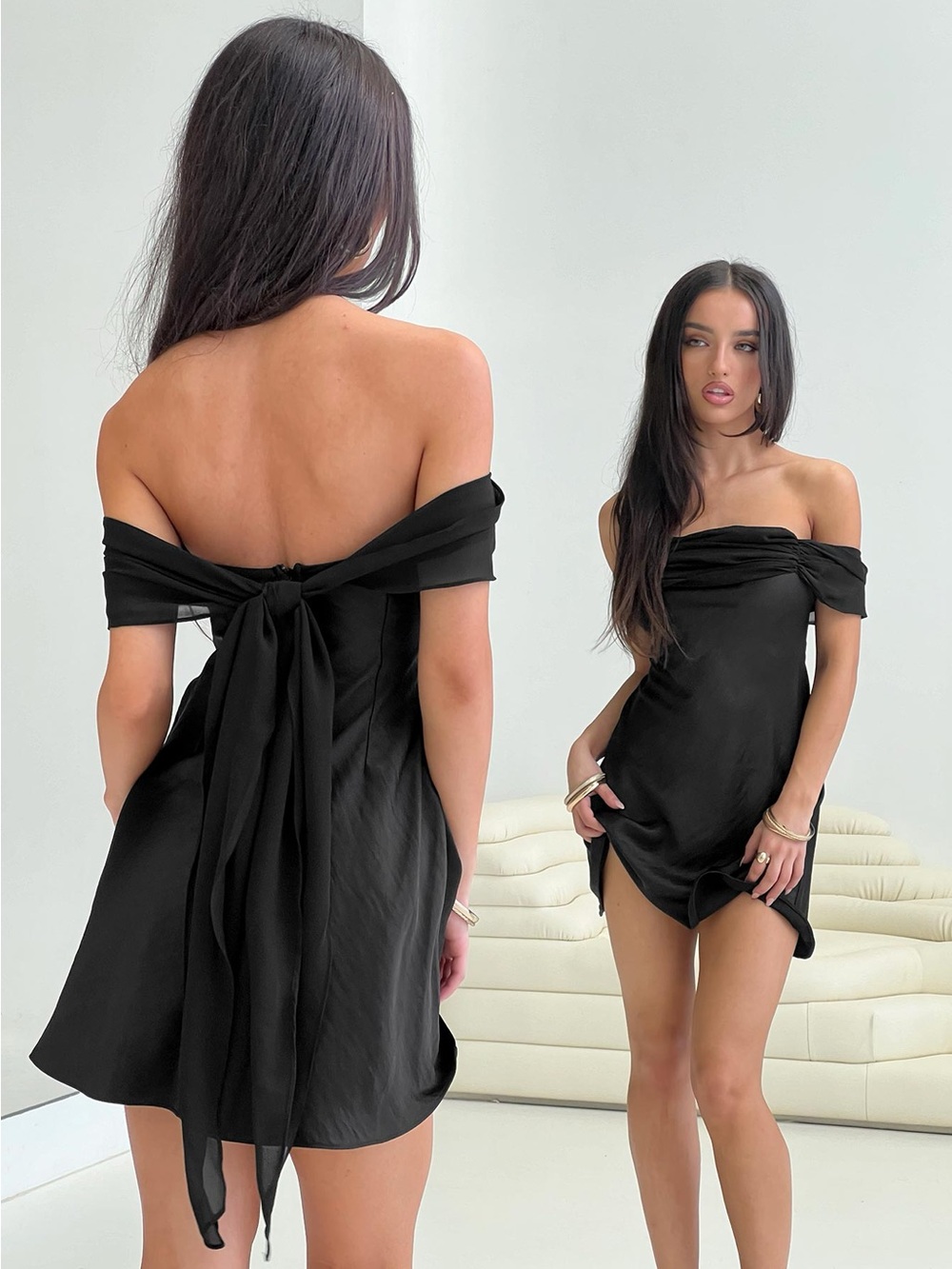 Princess Polly Adoration mini dress Black Off-Shoulder Back Bow detail sz 2 BLD